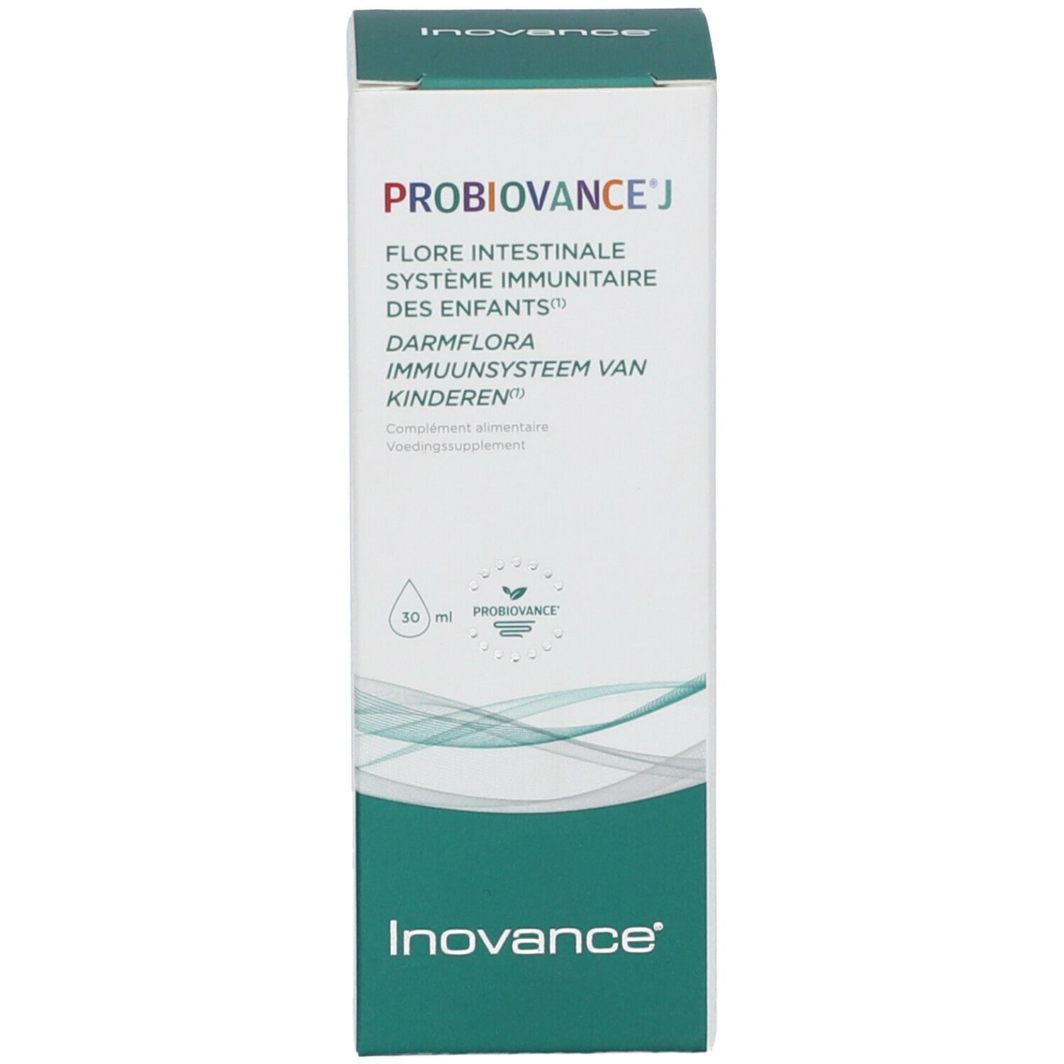 Emballage blanc avec accent vert. Nom du produit et logo. Texte multilingue. Logo Inovance.