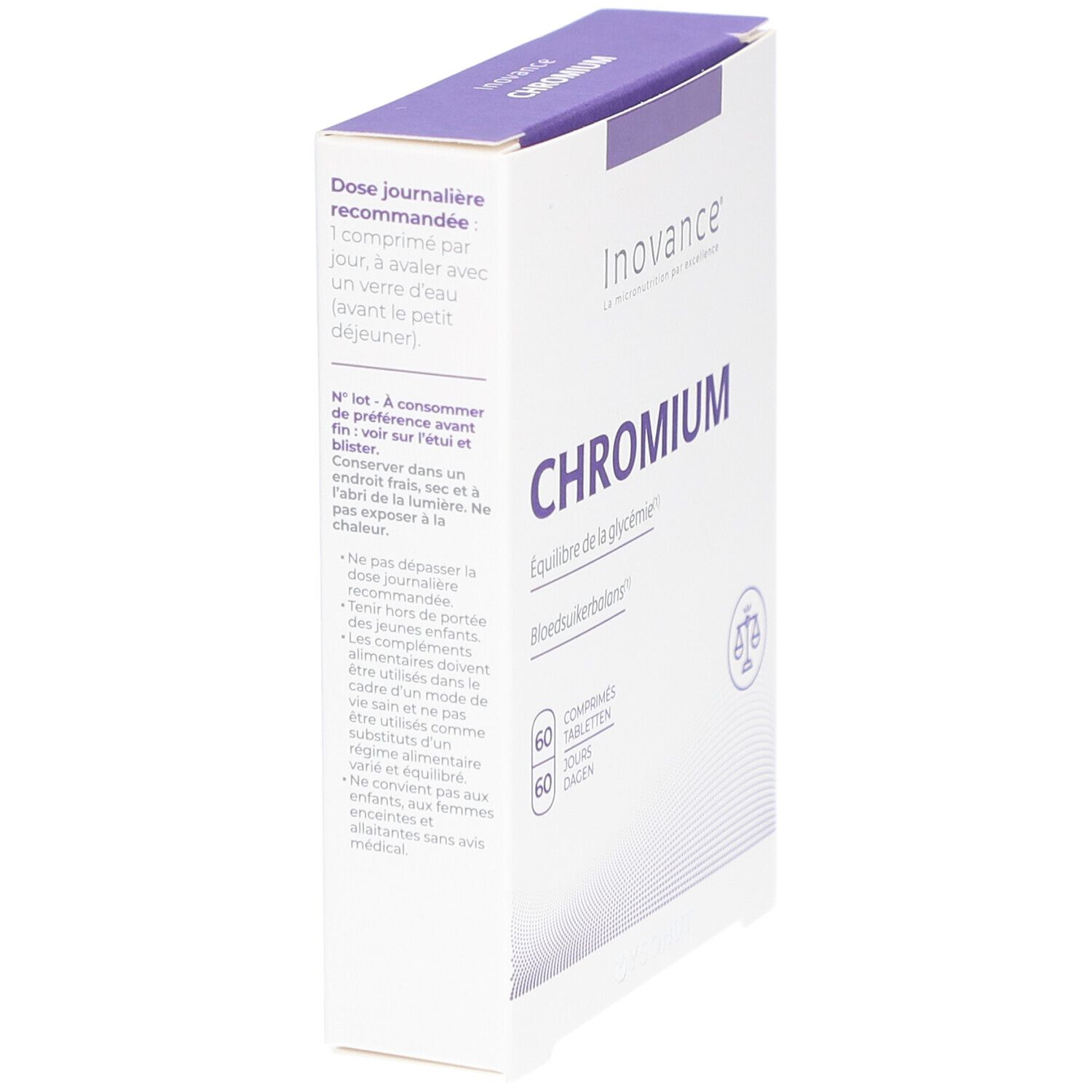 Inovance CHROMIUM-Schachtel, Seitenansicht. Enthält 60 Tabletten. Text: Gleichgewicht des Blutzuckerspiegels.