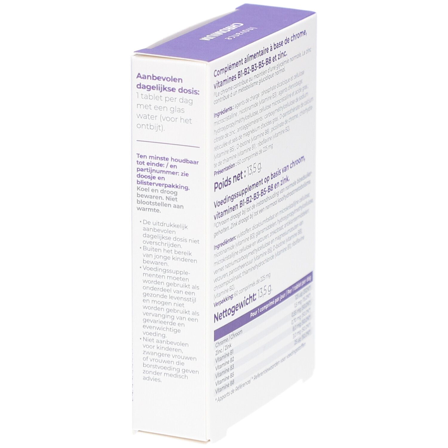 Rückseite der Inovance CHROMIUM-Schachtel. Informationen zu Inhaltsstoffen und Dosierung. 60 Tabletten.