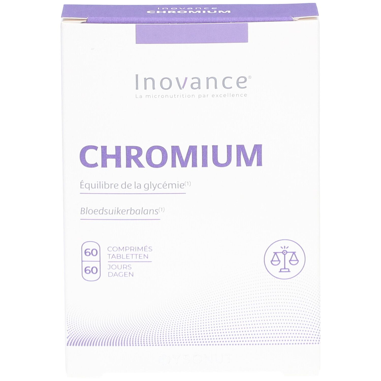 Inovance CHROMIUM-Schachtel. Enthält 60 Tabletten. Aufschrift: Gleichgewicht des Blutzuckerspiegels.