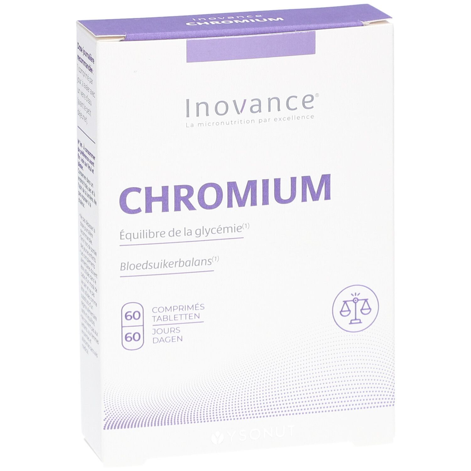 Inovance CHROMIUM-Schachtel. Enthält 60 Tabletten. Aufschrift: Gleichgewicht des Blutzuckerspiegels.