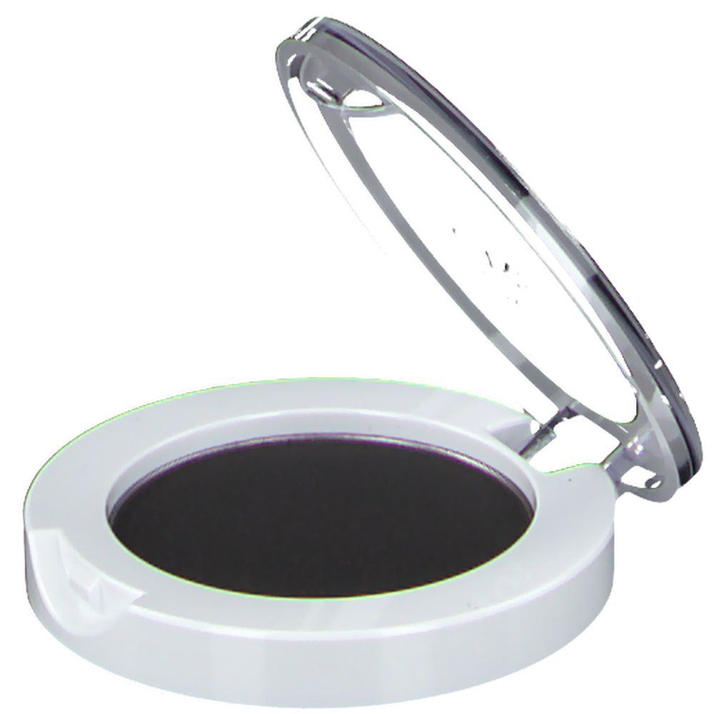 Boîtier blanc avec fard à paupières noir, couvercle ouvert. Couvercle transparent. Charnière argentée.