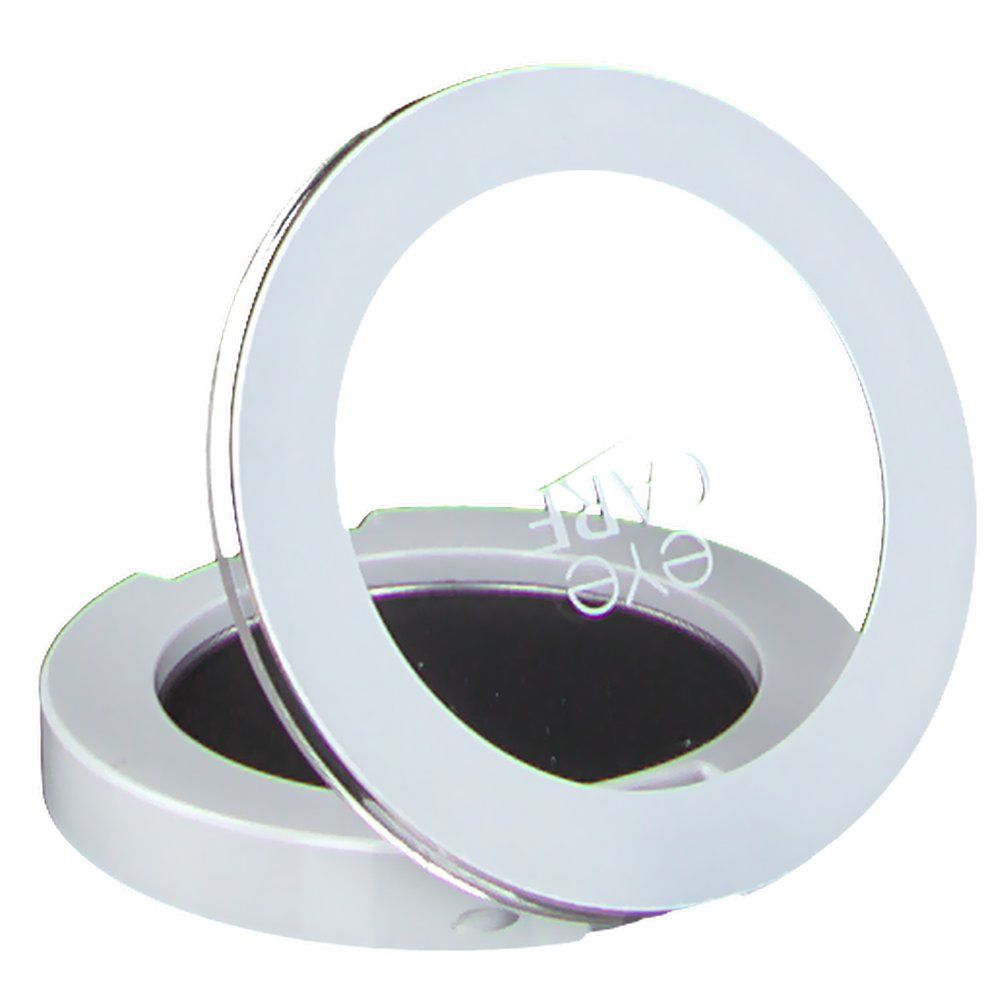 Boîtier blanc avec fard à paupières noir, couvercle entrouvert. Couvercle transparent. Charnière argentée.
