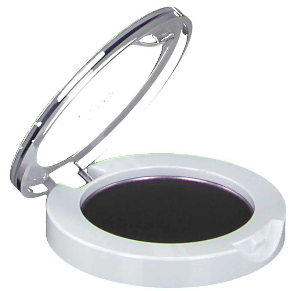 Boîtier blanc avec fard à paupières noir, couvercle ouvert. Couvercle transparent. Charnière argentée.