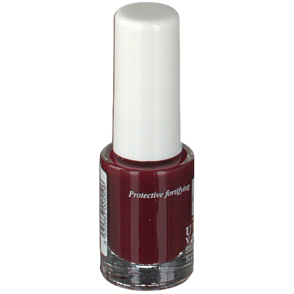 Flacon de vernis à ongles avec bouchon blanc. Vernis rouge foncé. Inscription: ULTRA VERNIS. Informations produit au dos.