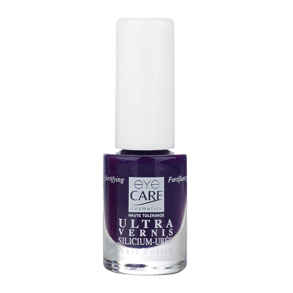 Dunkelvioletter Nagellackflakon mit weißem Deckel. Aufschrift: EYE CARE, ULTRA VERNIS SILICIUM-UREE.