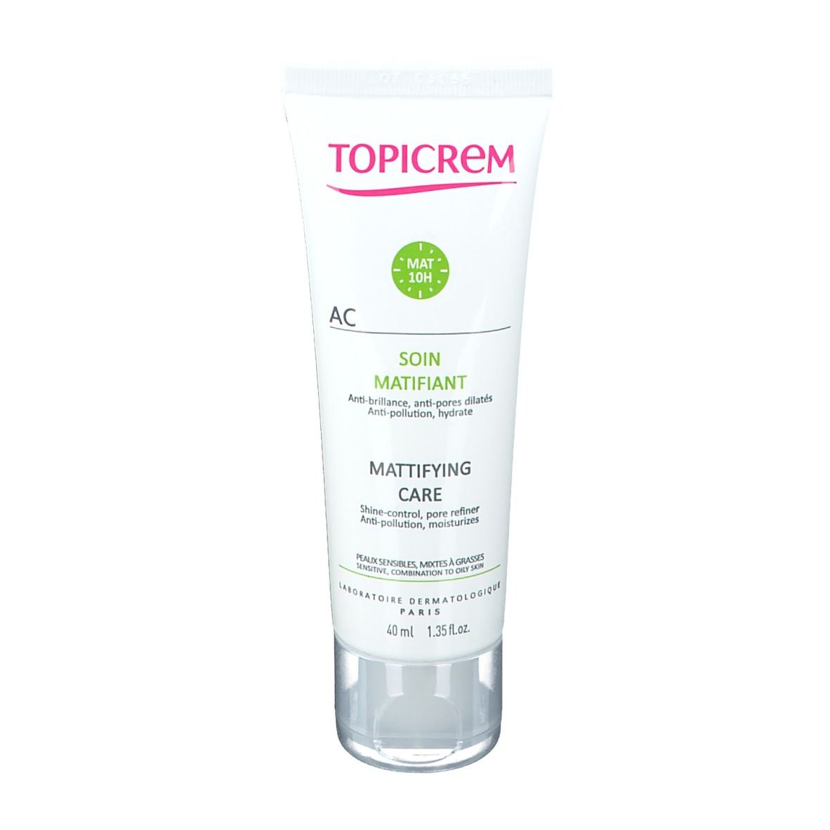 Tube blanc avec accents verts et rouges. Inscription TOPICREM, AC, SOIN MATIFIANT, MATTIFYING CARE. 40 ml.