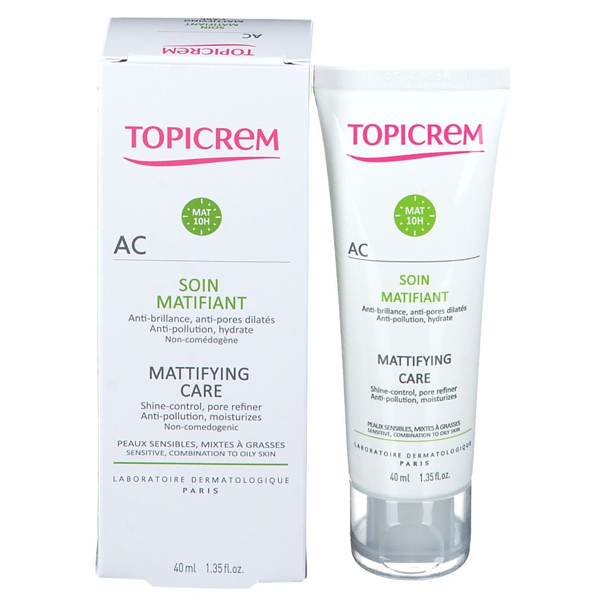 Emballage produit avec tube. Boîte et tube blancs avec accents verts et rouges. Inscription TOPICREM, AC, SOIN MATIFIANT.