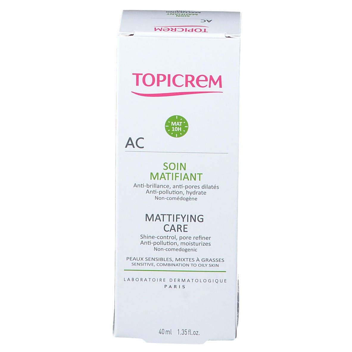 Boîte blanche avec accents verts et rouges. Inscription TOPICREM, AC, SOIN MATIFIANT, MATTIFYING CARE. 40 ml.