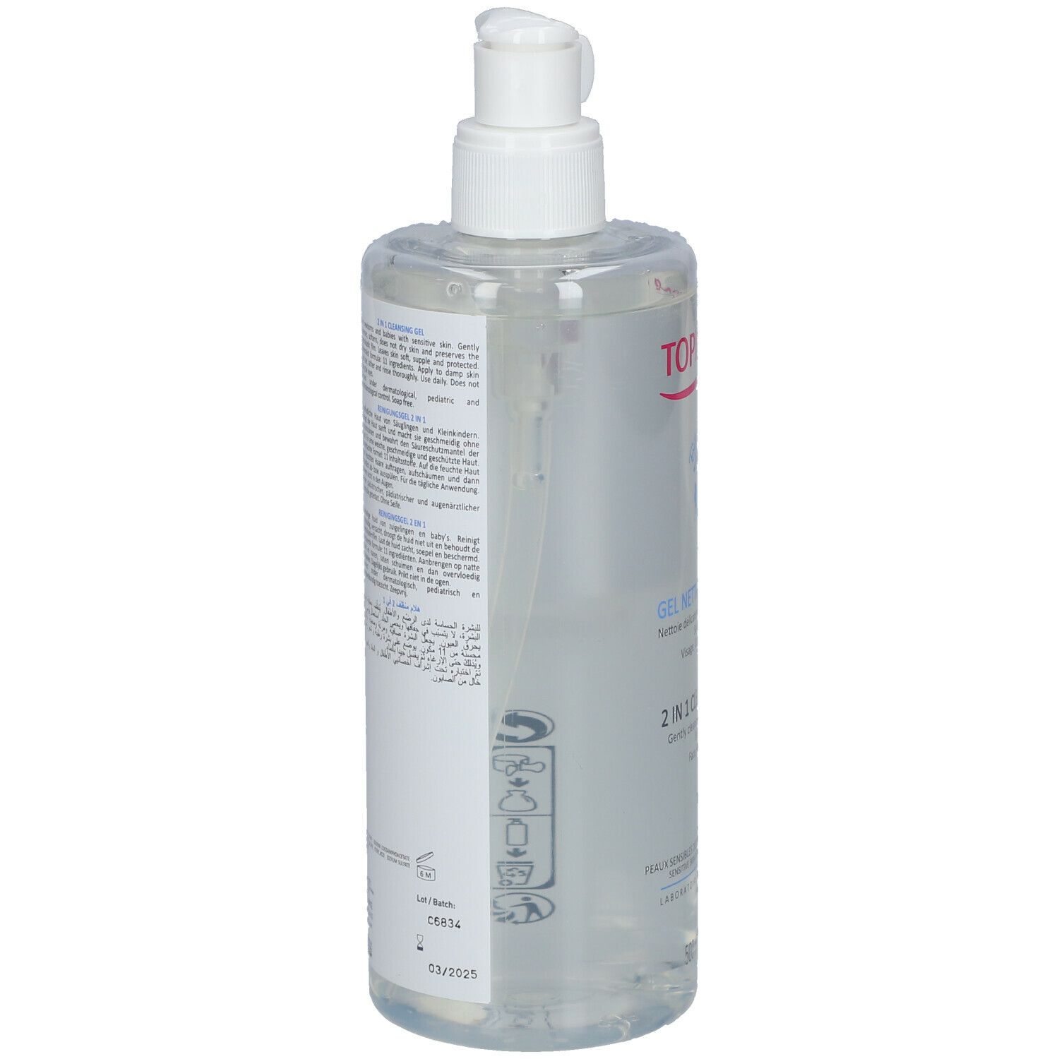 TOPICREM Baby 2-in-1 Reinigungsgel. Transparente Flasche mit weißem Pumpkopf. Rückseite mit Text und Symbolen.