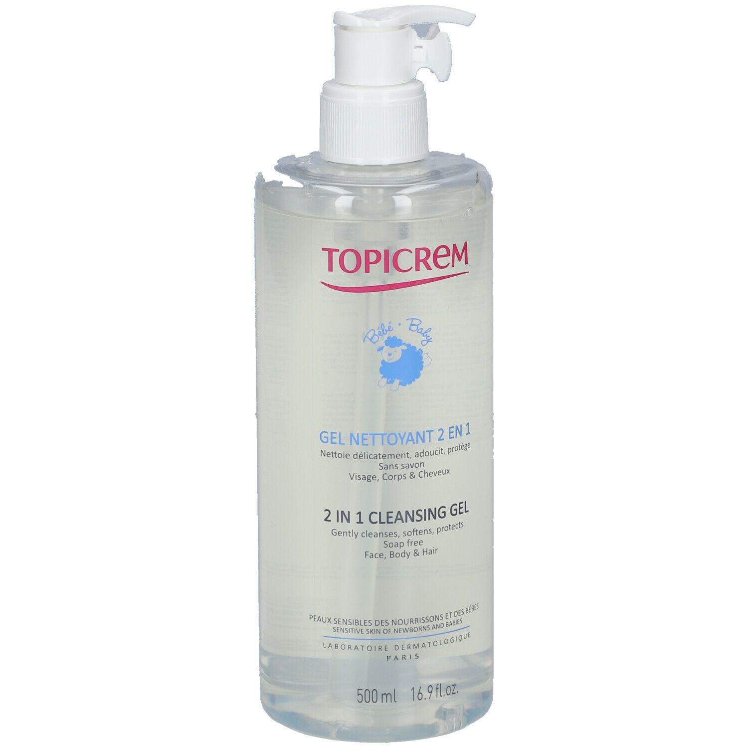 TOPICREM Baby 2-in-1 Reinigungsgel. Transparente Flasche mit weißem Pumpkopf. Text: Gel Nettoyant 2 en 1, 2 in 1 Cleansing Gel.