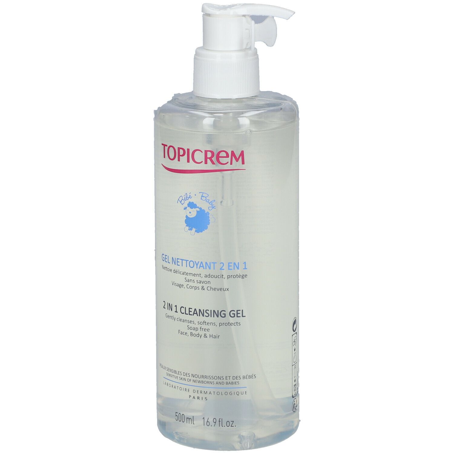 TOPICREM Baby 2-in-1 Reinigungsgel. Transparente Flasche mit weißem Pumpkopf. Text: Gel Nettoyant 2 en 1, 2 in 1 Cleansing Gel.