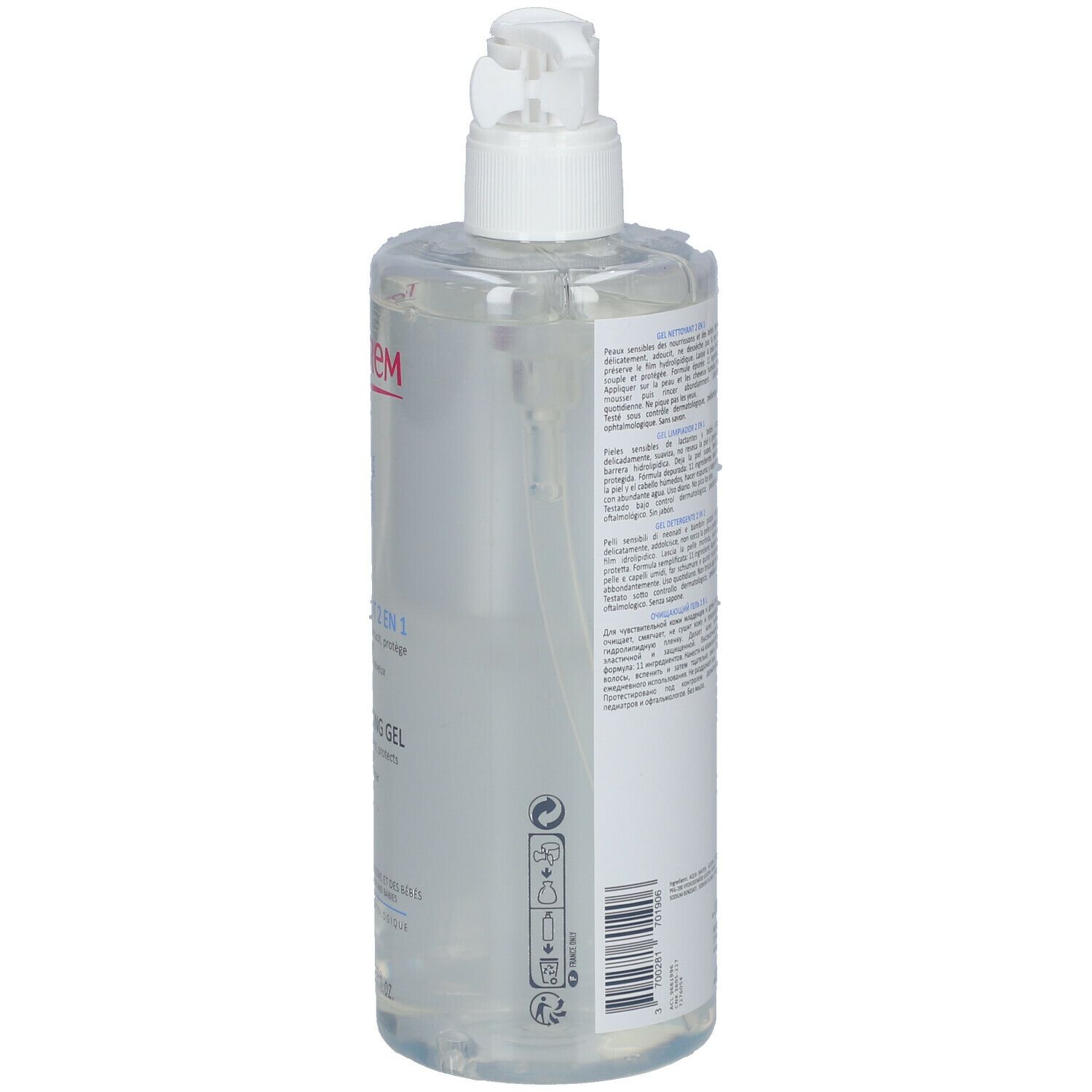 TOPICREM Baby 2-in-1 Reinigungsgel. Transparente Flasche mit weißem Pumpkopf. Rückseite mit Text und Symbolen.