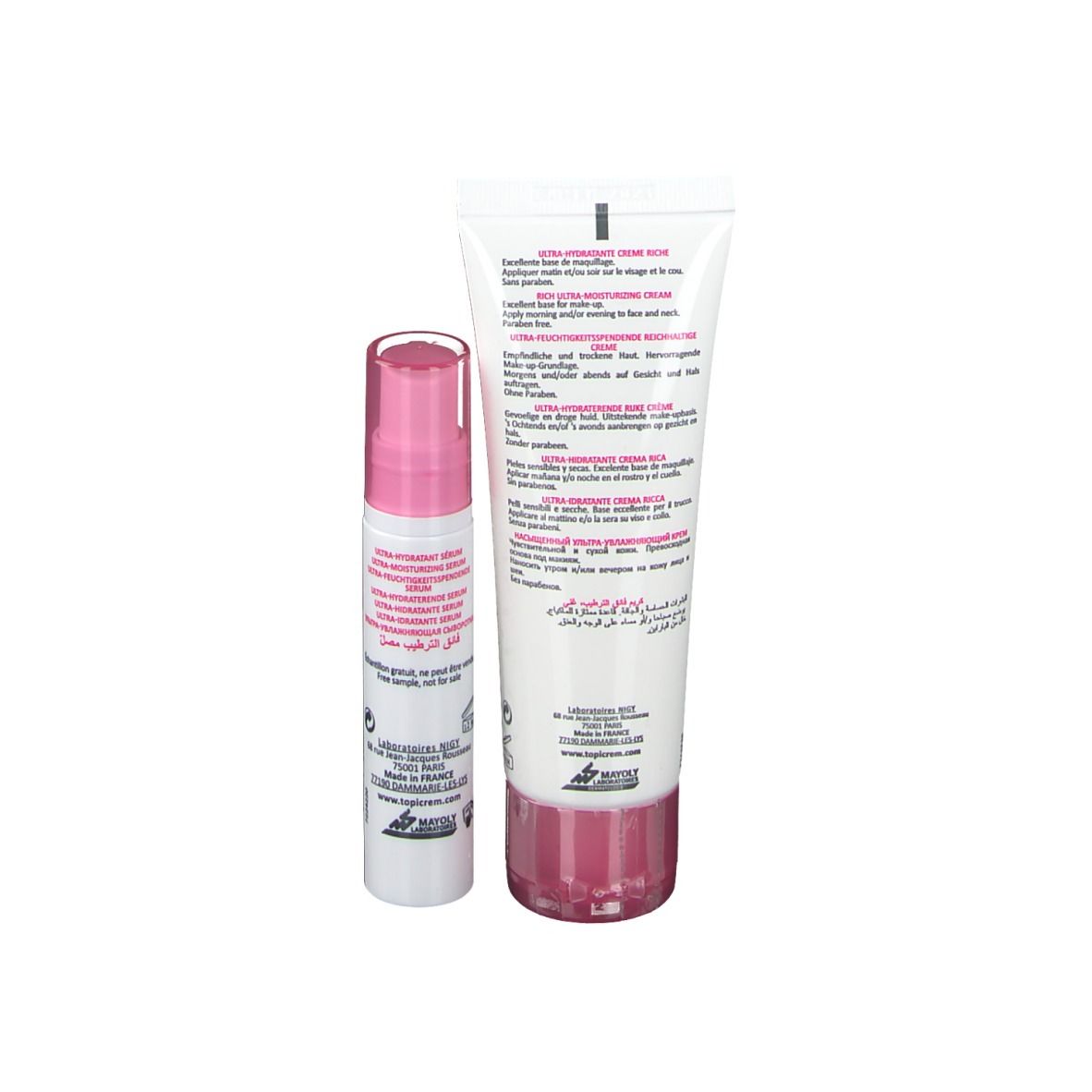 Dos du tube de crème et du flacon de sérum. Texte multilingue. Accents roses.