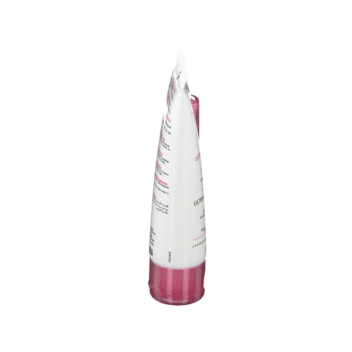 Vue latérale du tube de crème. Blanc avec accents roses. Texte visible.