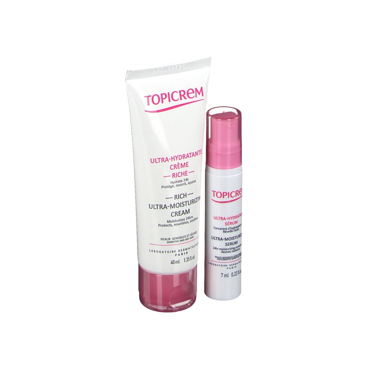 Deux produits : tube de crème et flacon de sérum. Blanc avec accents roses. Texte : TOPICREM, Ultra-Hydratante.