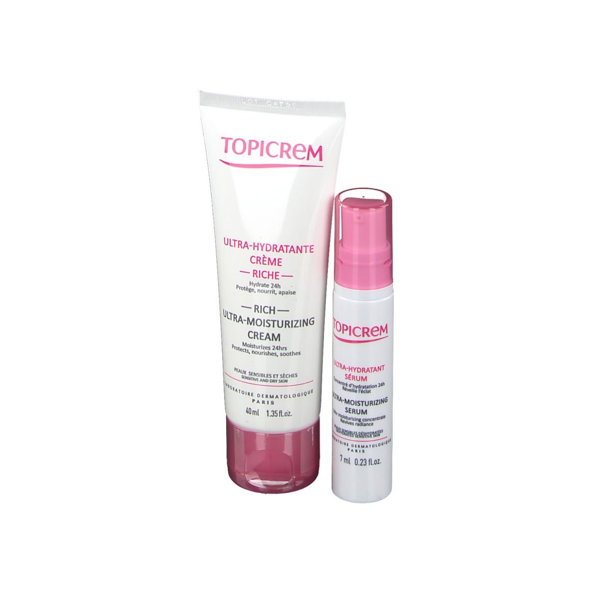 Deux produits : tube de crème et flacon de sérum. Blanc avec accents roses. Texte : TOPICREM, Ultra-Hydratante.