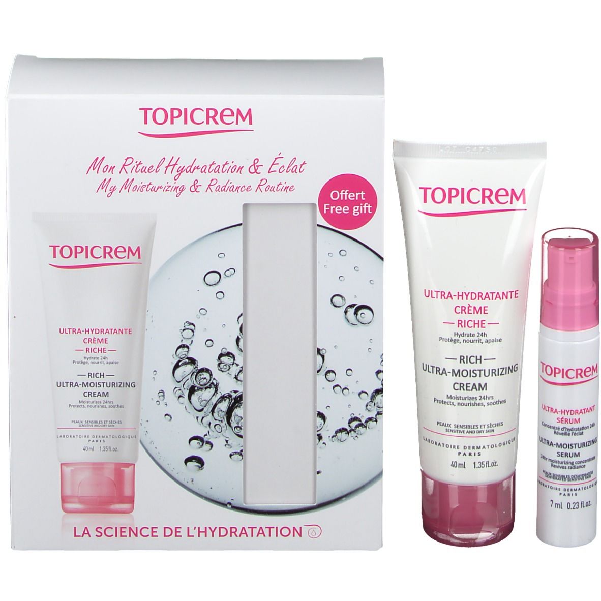Ensemble de produits en emballage. Contient tube de crème, flacon de sérum et un autre tube de crème. Texte : TOPICREM.