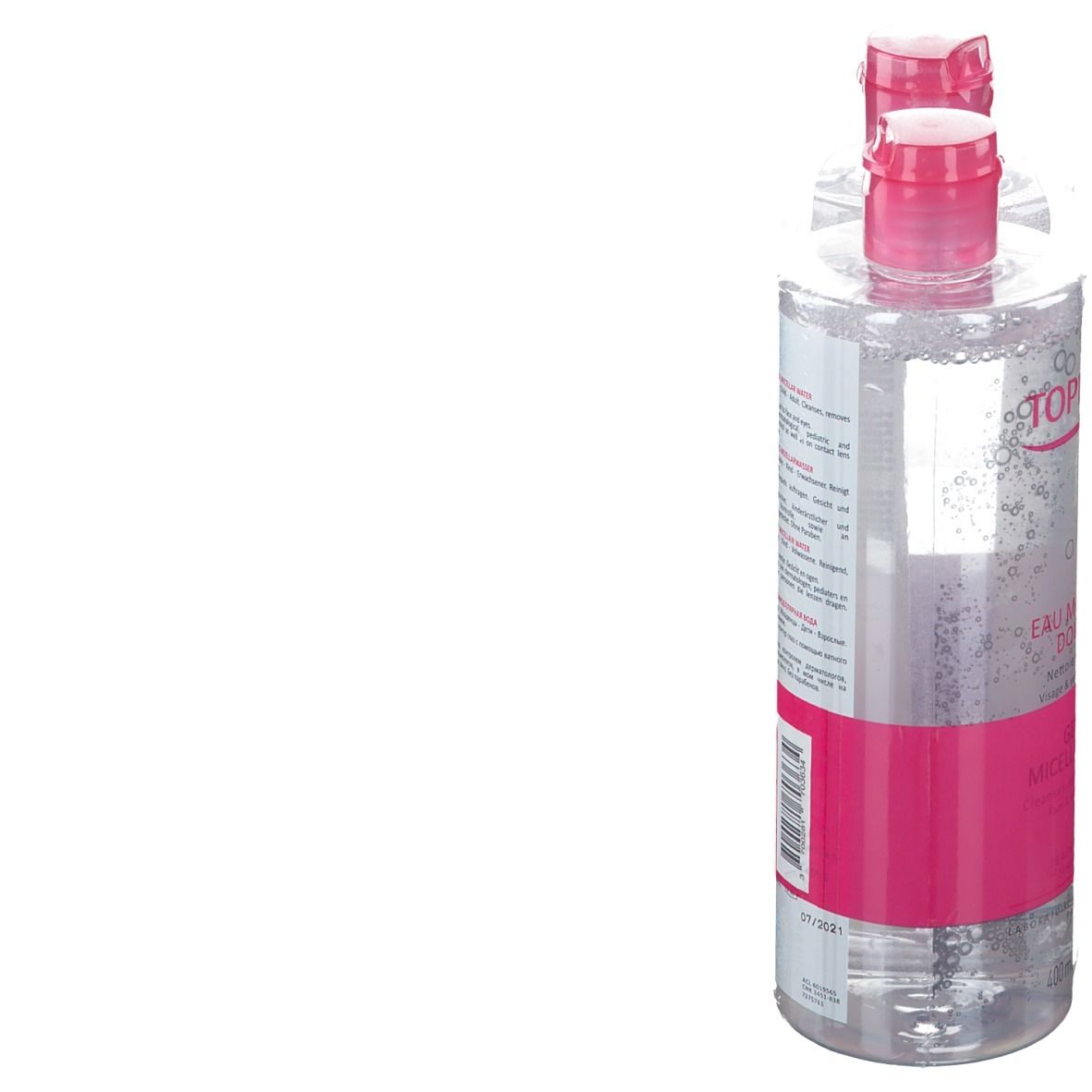 Due flaconi di acqua micellare, etichetta rosa, logo TOPICREM. Vista posteriore, flaconi trasparenti.