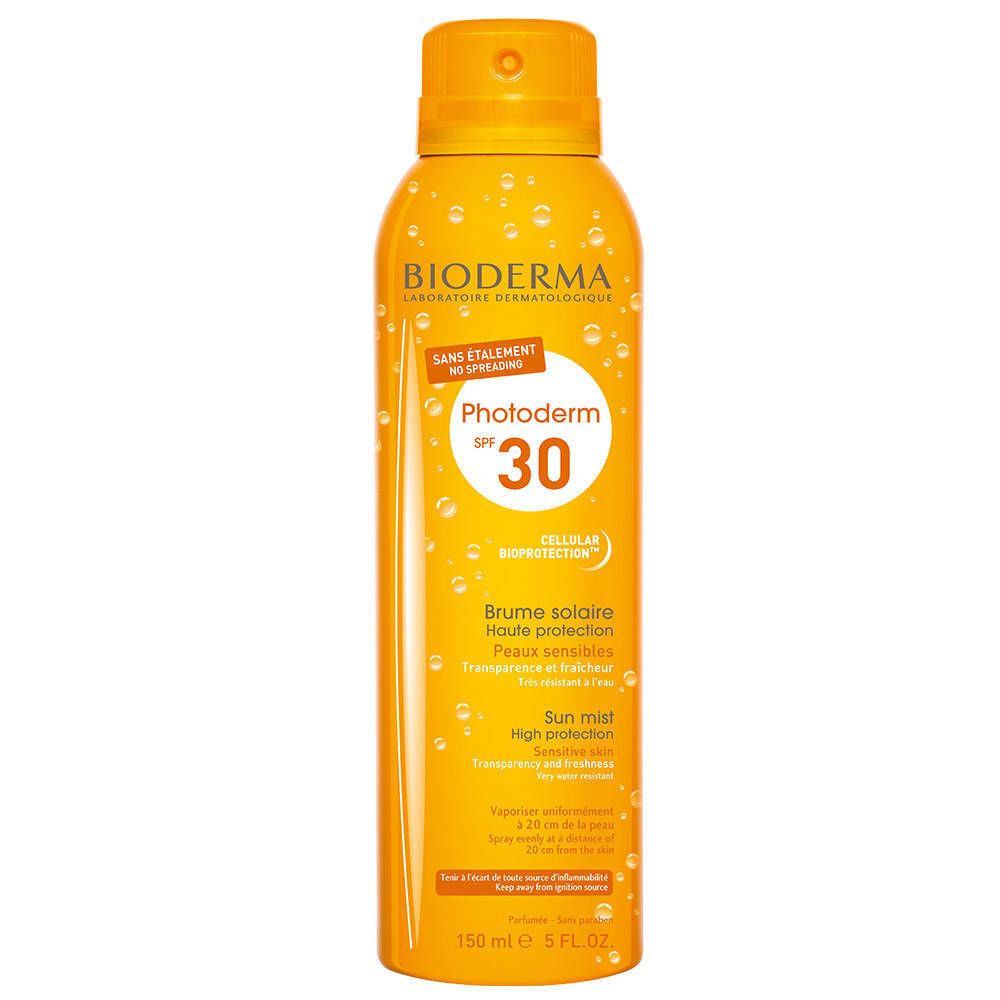 Gelbe Sprühflasche mit BIODERMA-Logo und Photoderm SPF 30. Text: Brume solaire, Sun mist. 150 ml.