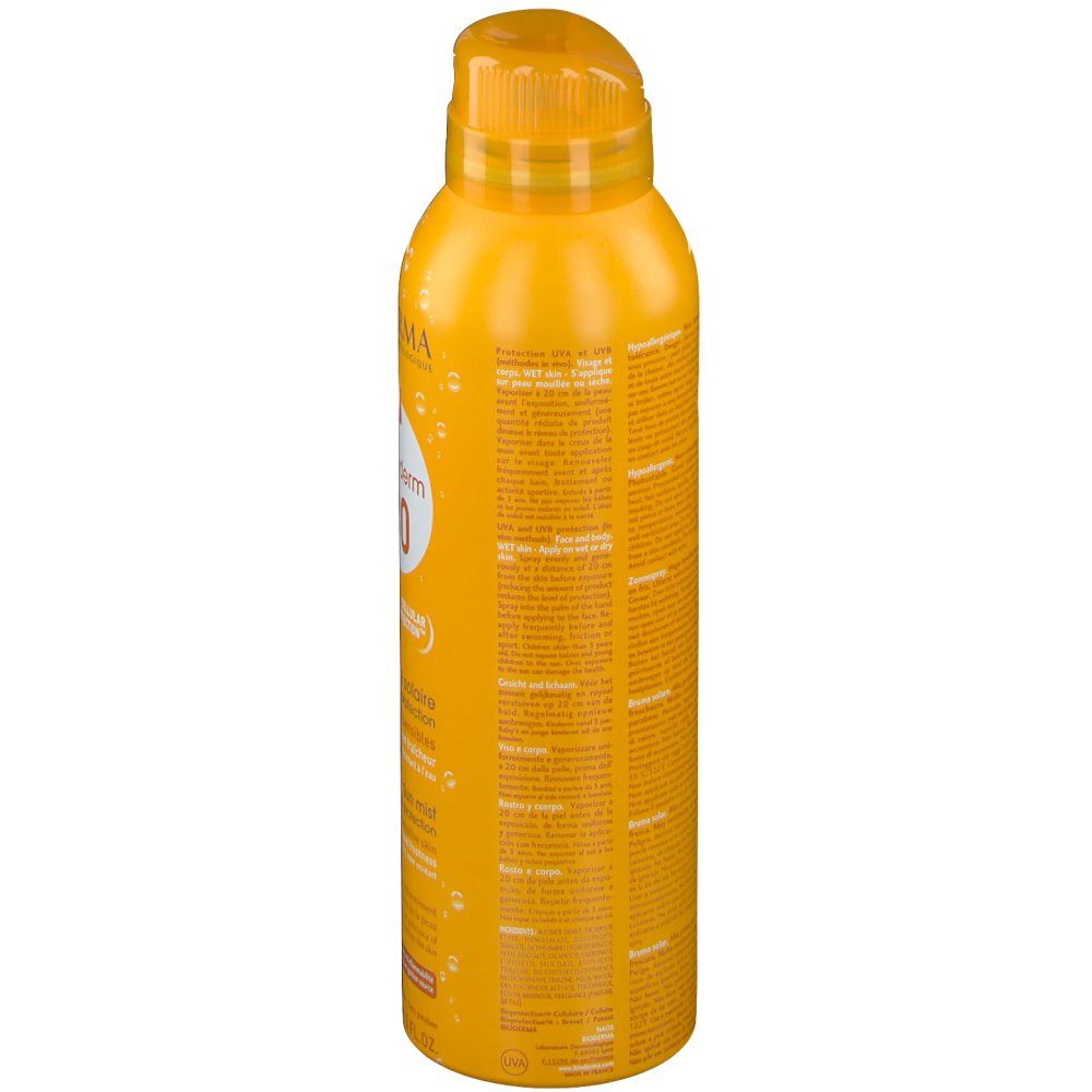 Gelbe Sprühflasche, Seitenansicht. Text auf der Rückseite. BIODERMA Photoderm SPF 30.