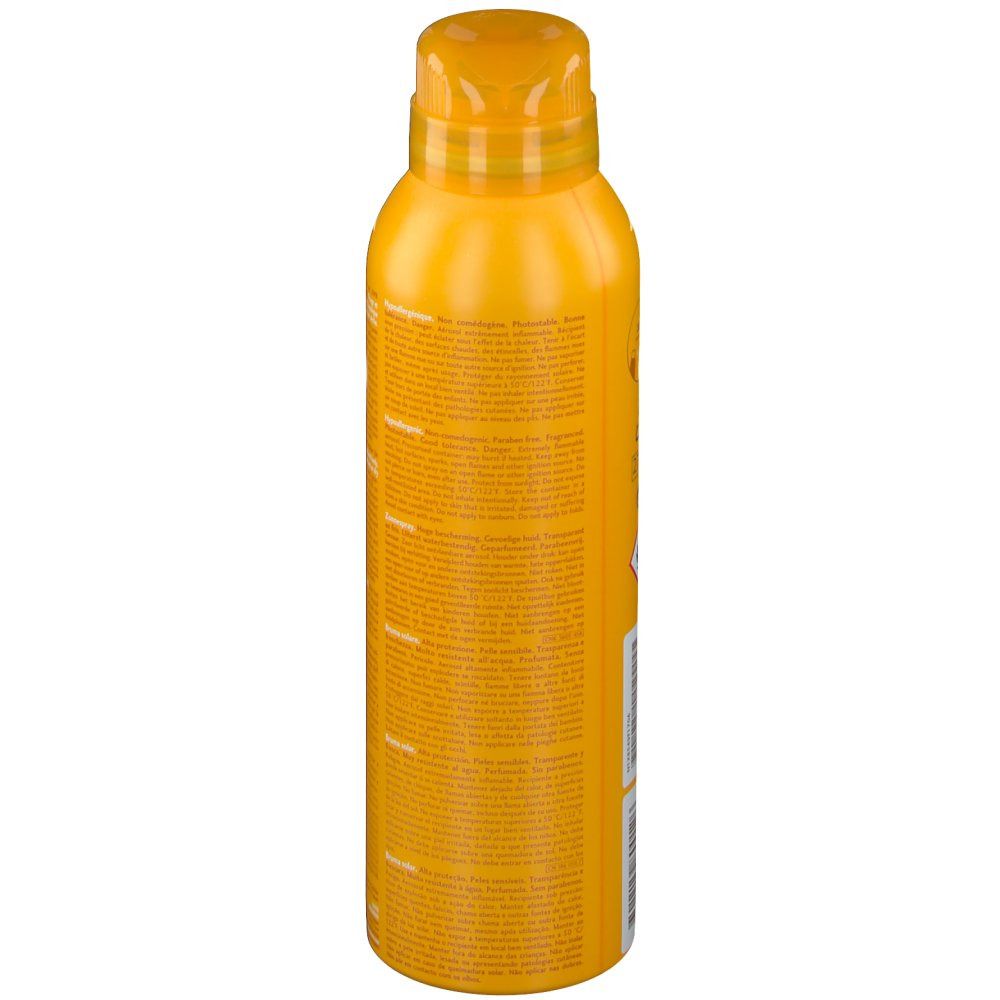 Gelbe Sprühflasche, Seitenansicht. Text auf der Rückseite. BIODERMA Photoderm SPF 30.