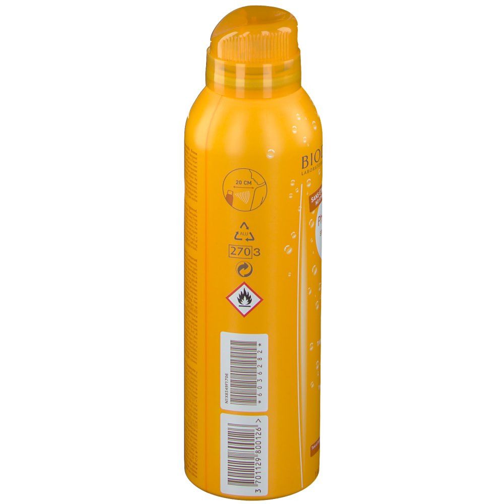 Gelbe Sprühflasche, Seitenansicht. Text auf der Rückseite. BIODERMA Photoderm SPF 30. Barcode und Piktogramme.