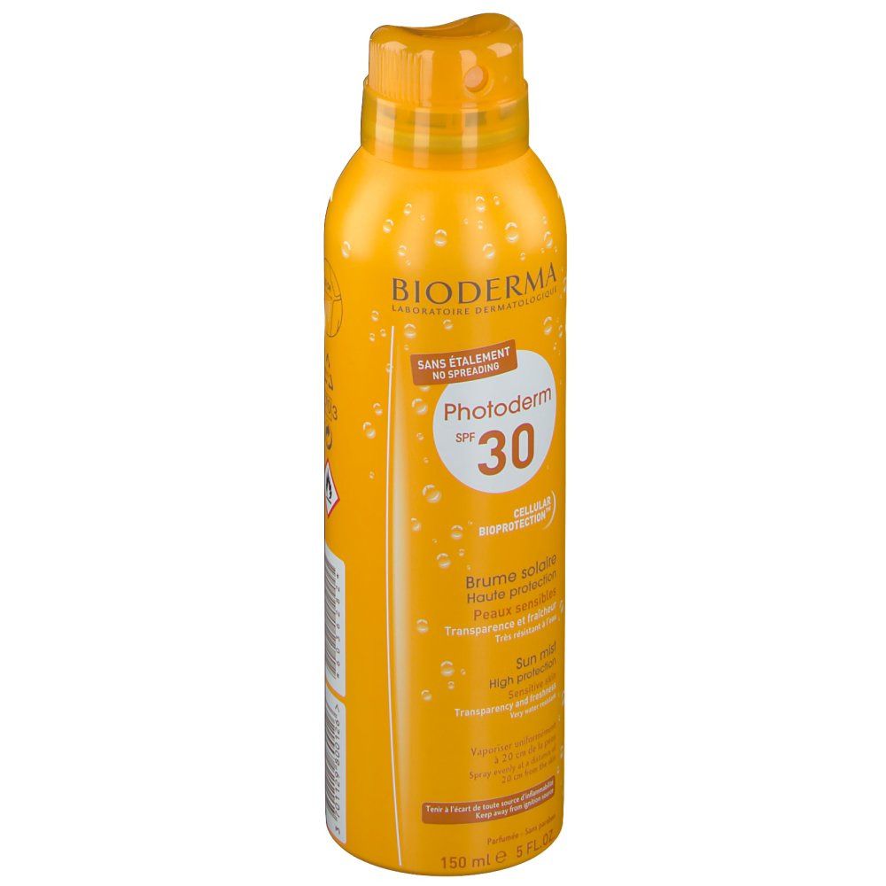 Gelbe Sprühflasche mit BIODERMA-Logo und Photoderm SPF 30. Text: Brume solaire, Sun mist. 150 ml.