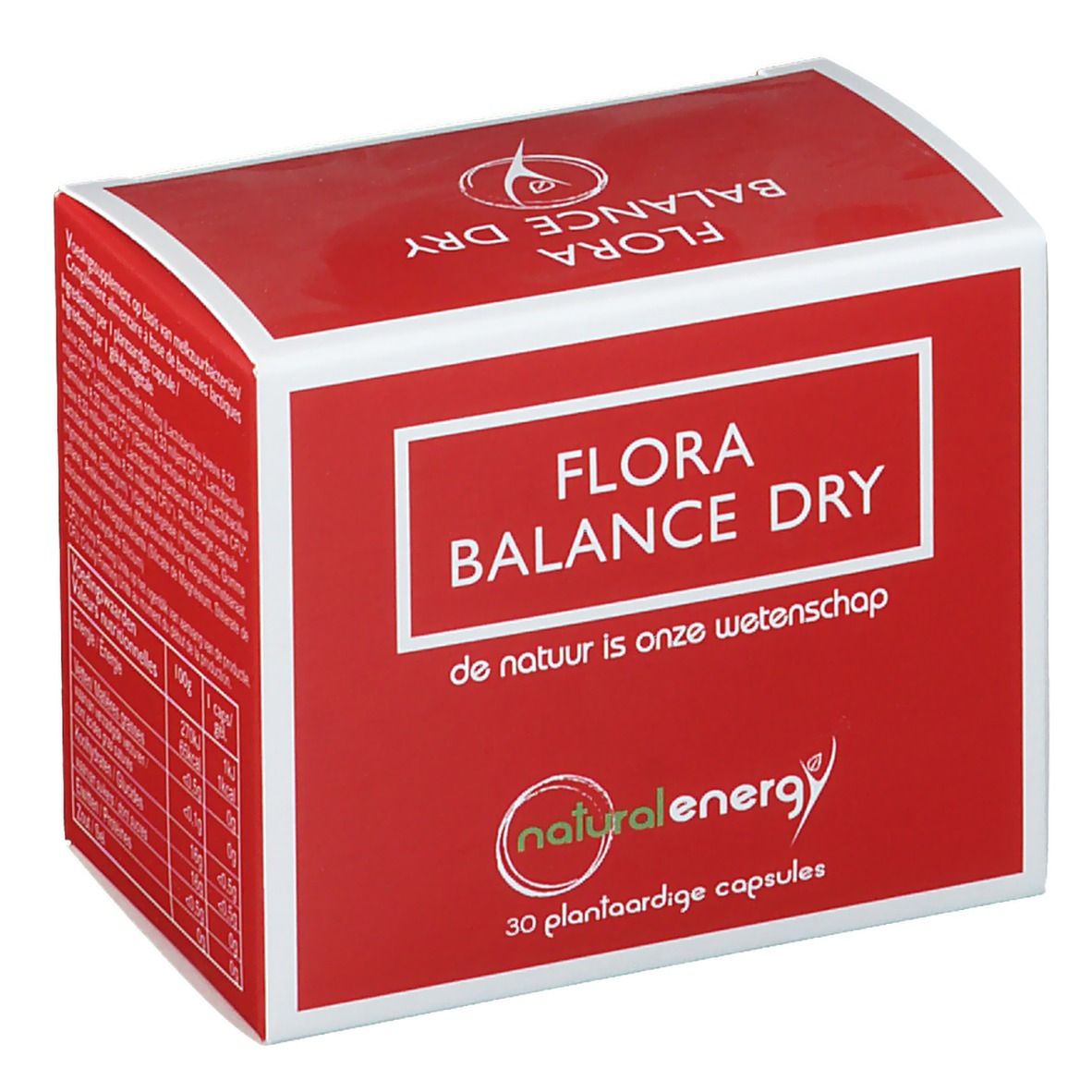 Boîte rouge avec cadre blanc. Inscription: FLORA BALANCE DRY, NATURAL ENERGY, 30 capsules végétales. Logo.