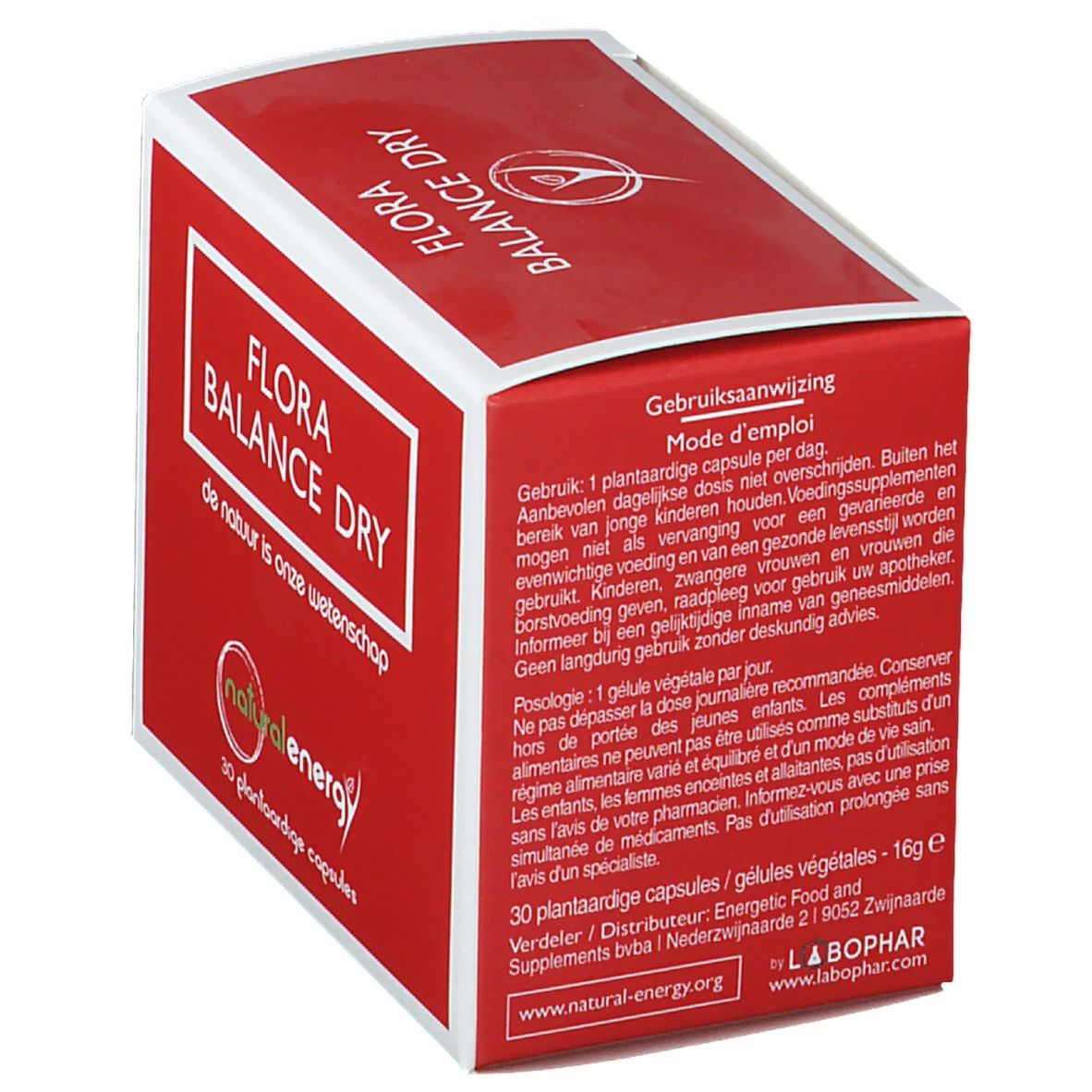 Boîte rouge avec cadre blanc. Inscription: FLORA BALANCE DRY, NATURAL ENERGY. Mode d'emploi et informations fabricant.
