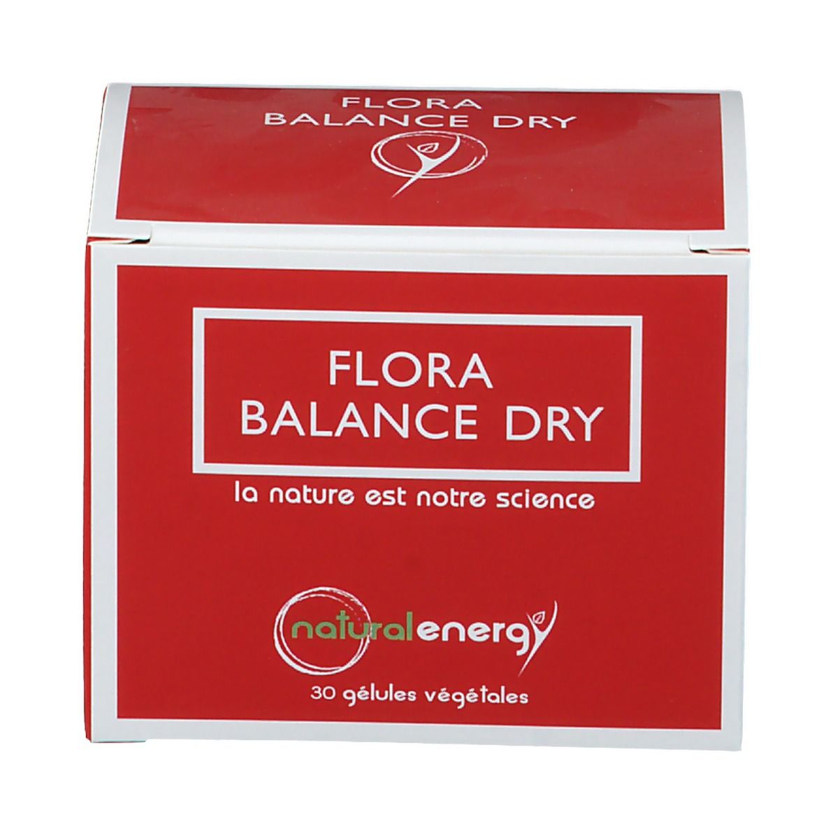 Boîte rouge avec cadre blanc. Inscription: FLORA BALANCE DRY, NATURAL ENERGY, 30 gélules végétales. Logo.