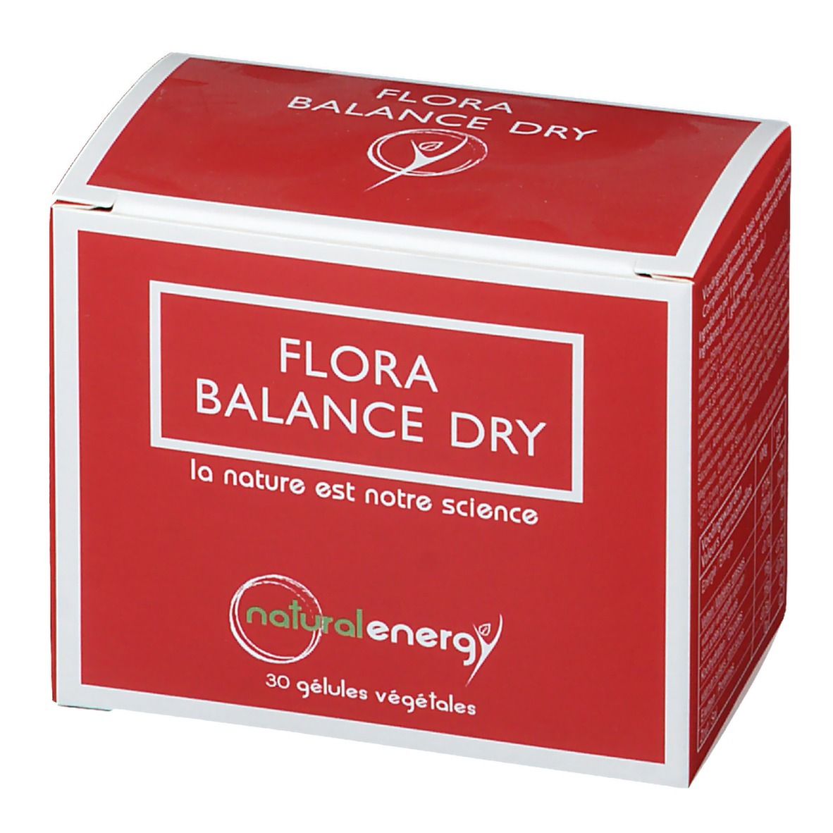 Boîte rouge avec cadre blanc. Inscription: FLORA BALANCE DRY, NATURAL ENERGY, 30 gélules végétales. Logo.