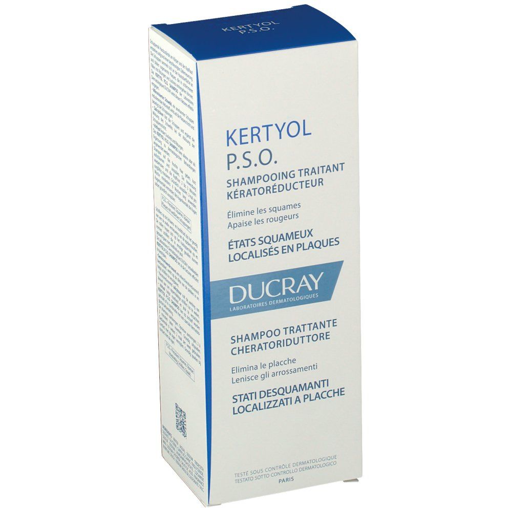 Doos van shampoo Kertyol P.S.O. met tekst in het Frans en Italiaans. Merk Ducray.