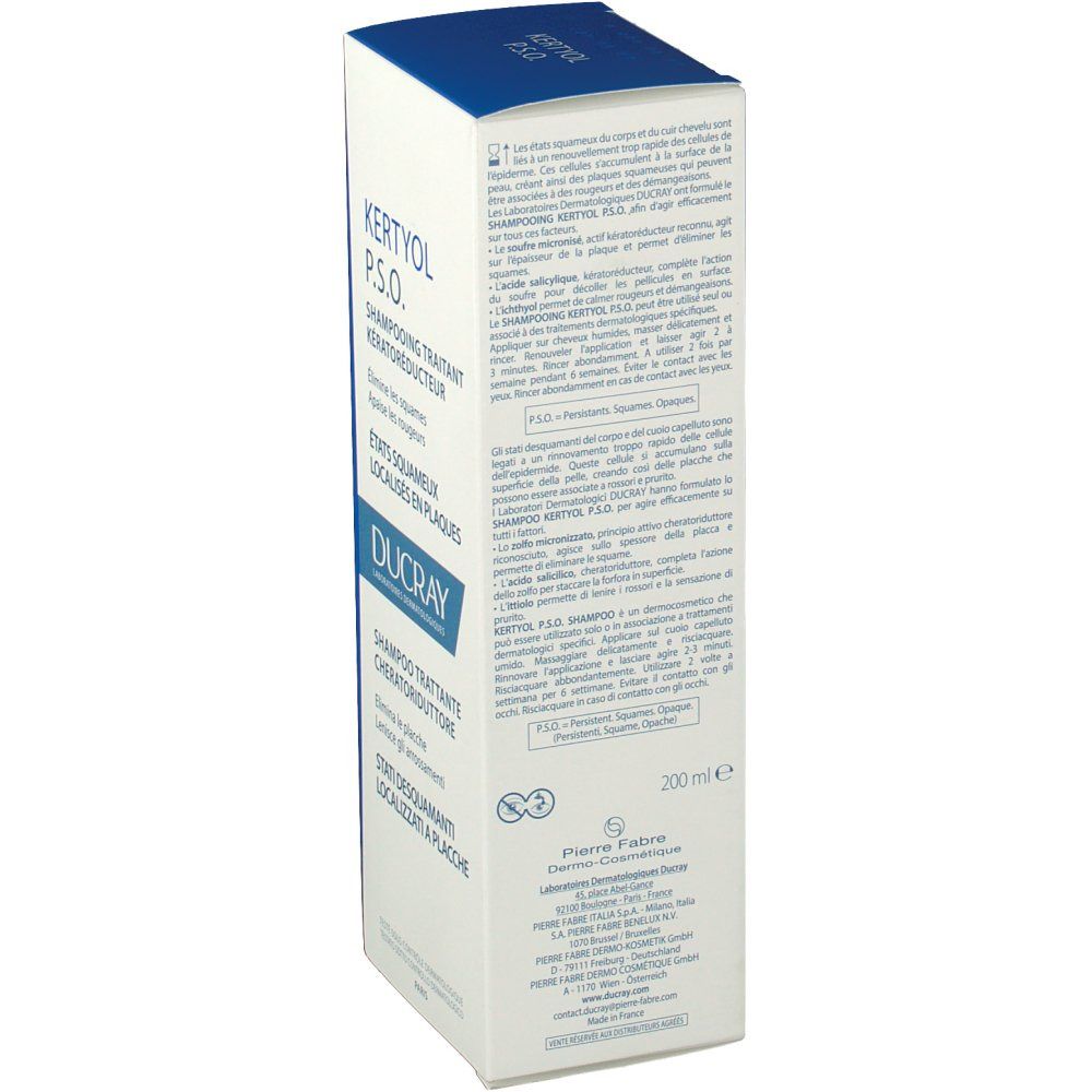 Achterkant van de shampoo verpakking Kertyol P.S.O. Tekst in het Frans en Italiaans. Merk Ducray.