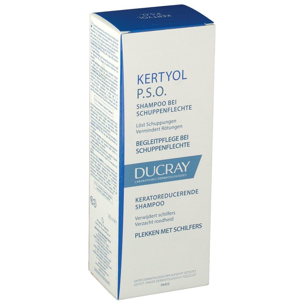 Doos van shampoo Kertyol P.S.O. met tekst in het Duits en Nederlands. Merk Ducray.