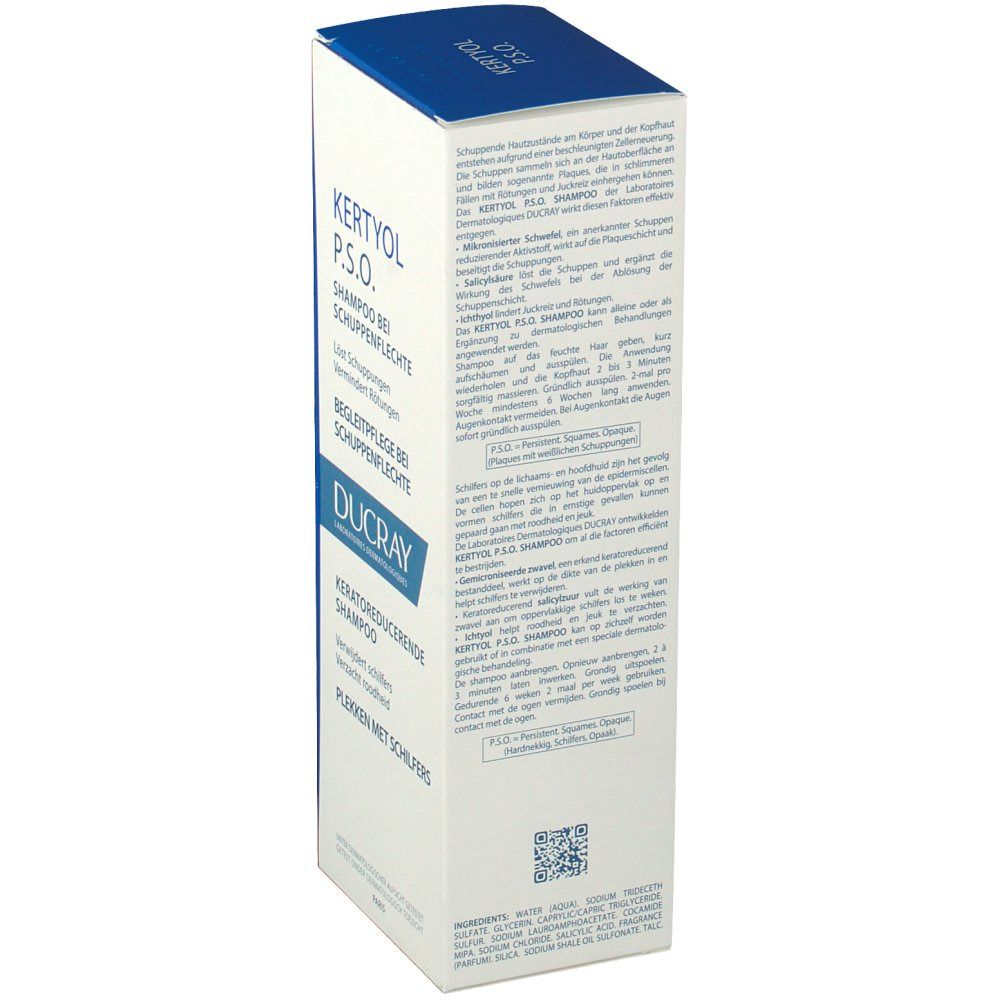 Achterkant van de shampoo verpakking Kertyol P.S.O. Tekst in het Duits en Nederlands. Merk Ducray.