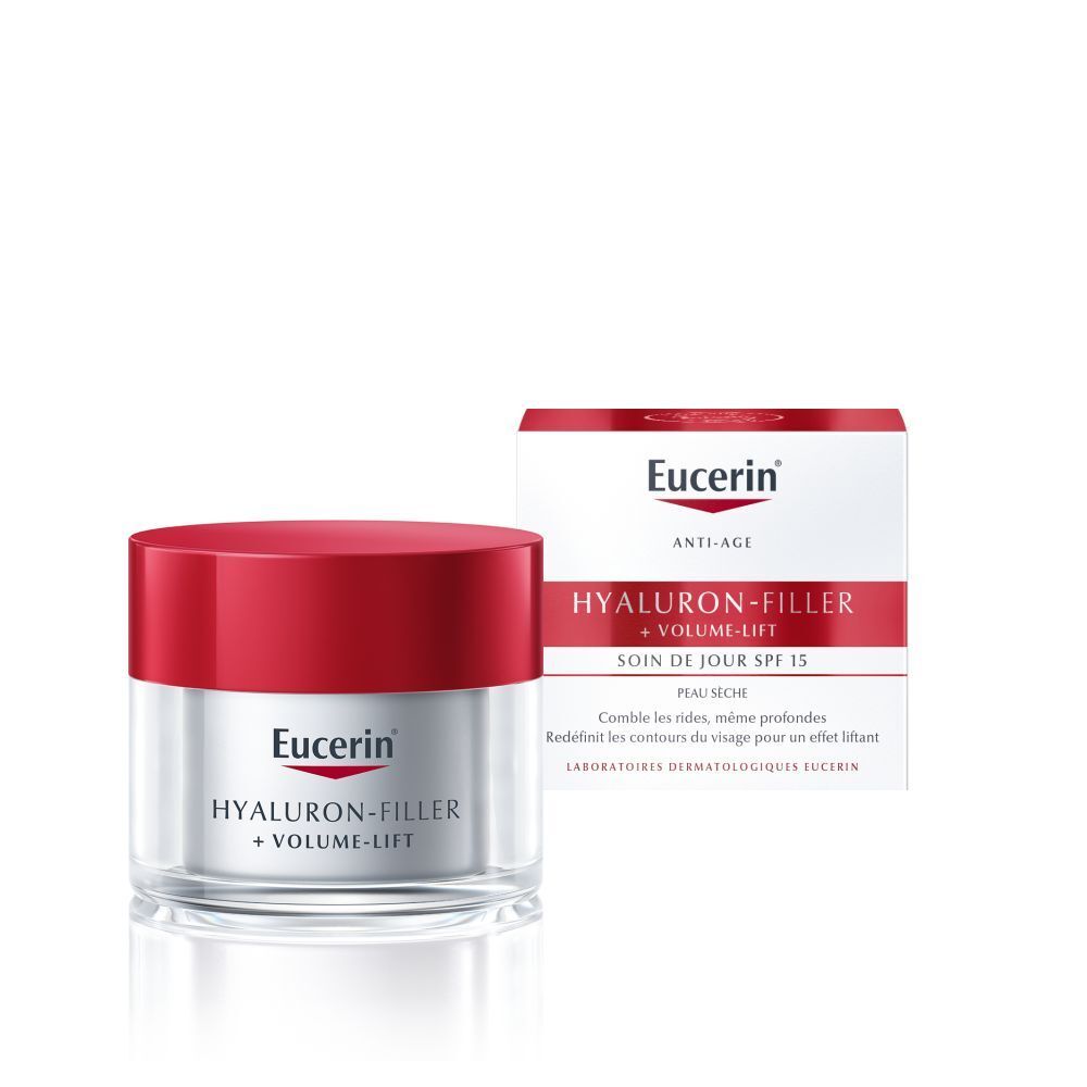 Pot de crème avec couvercle rouge et boîte. Inscription : Eucerin Hyaluron-Filler + Volume-Lift. Pour peau sèche.