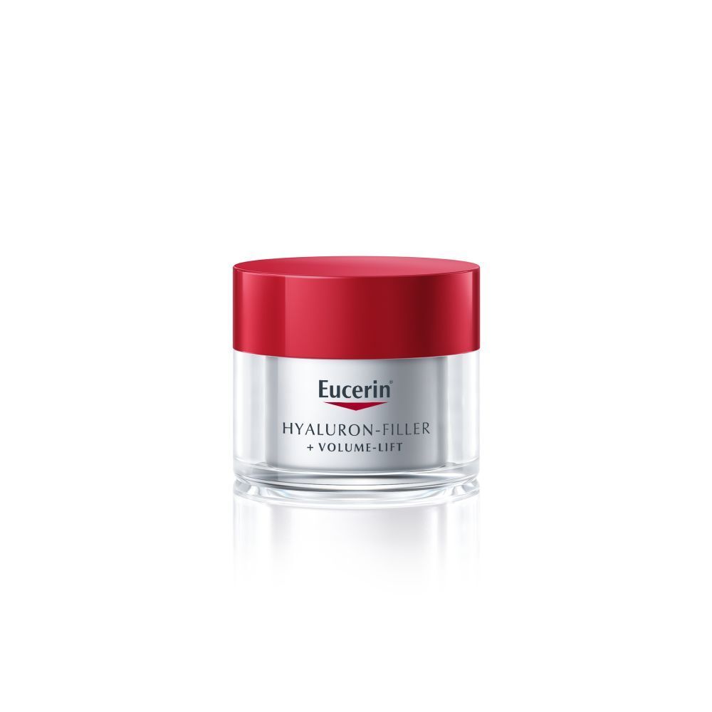Crèmepotje met rode deksel. Opschrift: Eucerin Hyaluron-Filler + Volume-Lift.