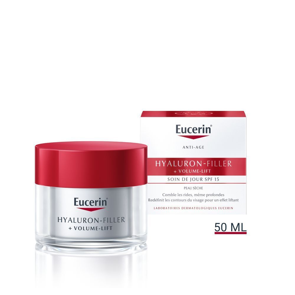 Pot de crème avec couvercle rouge et boîte. Inscription : Eucerin Hyaluron-Filler + Volume-Lift. Pour peau sèche. 50 ml.