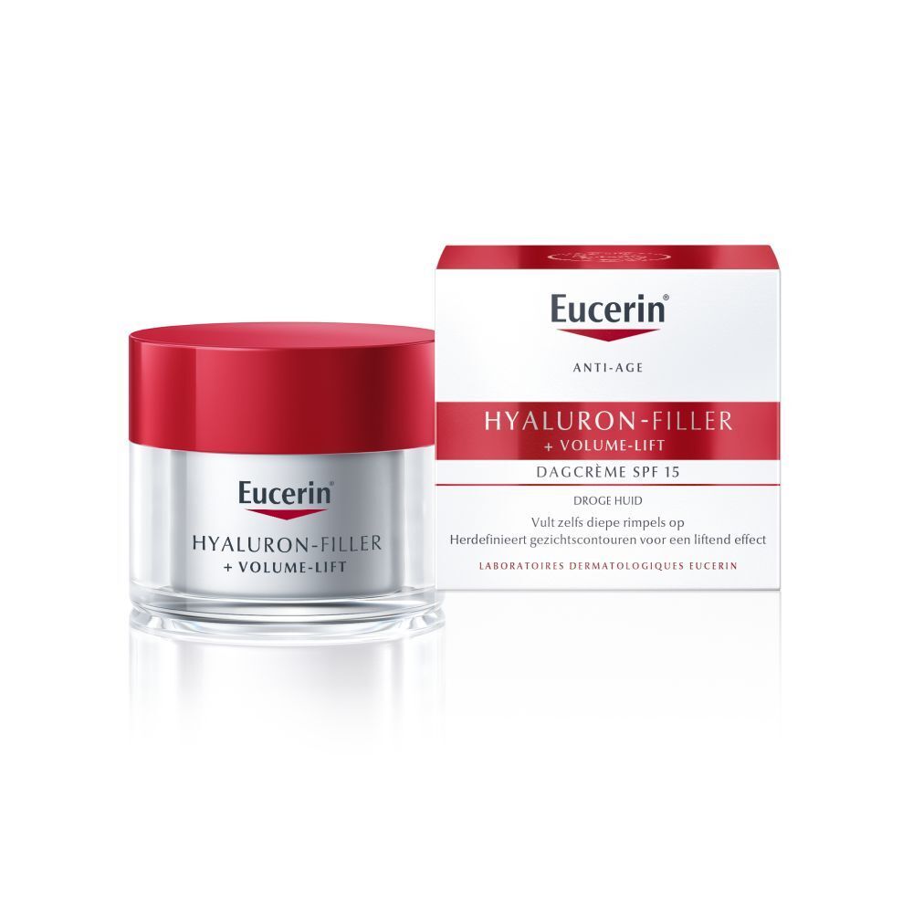 Crèmepotje met rode deksel en doos. Opschrift: Eucerin Hyaluron-Filler + Volume-Lift. Voor de droge huid.