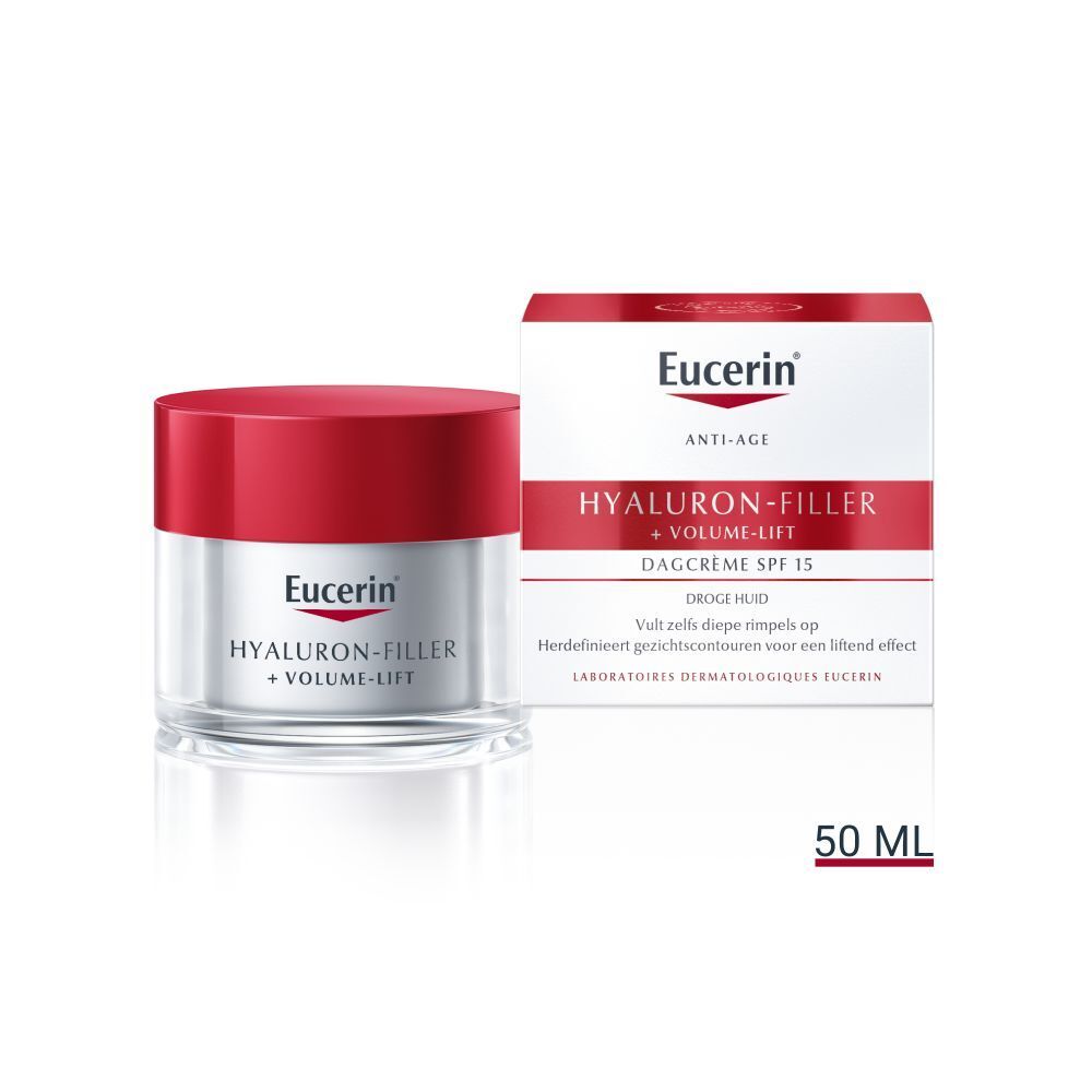 Crèmepotje met rode deksel en doos. Opschrift: Eucerin Hyaluron-Filler + Volume-Lift. Voor de droge huid. 50 ml.