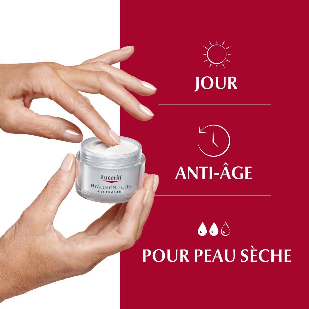 Mains tenant un pot. Texte : Jour, Anti-Âge, Pour peau sèche. Produit avec couvercle rouge.