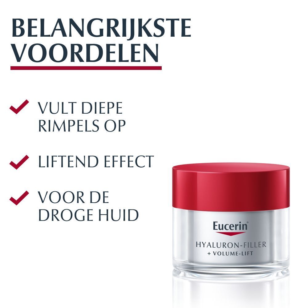 Product met rode deksel. Tekst: Vult diepe rimpels op. Liftend effect. Voor de droge huid.