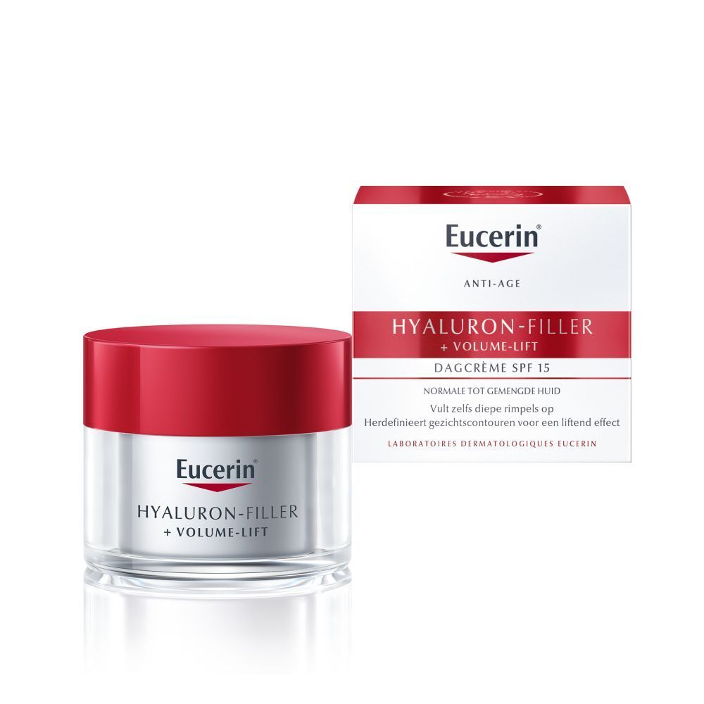 Crèmepot met rode deksel en vouwdoos. Opschrift: Eucerin, HYALURON-FILLER + VOLUME-LIFT.