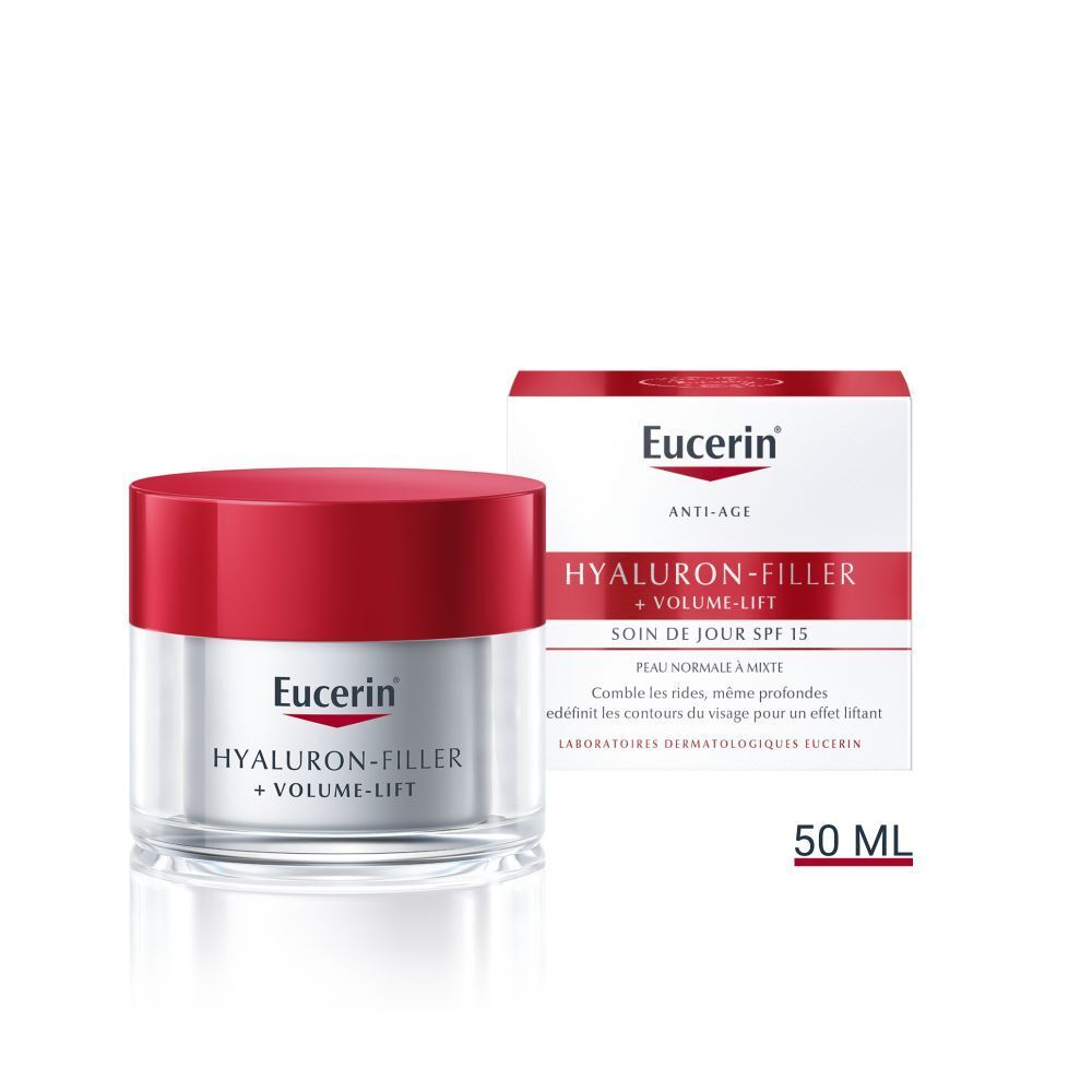 Pot de crème à couvercle rouge et étui. Inscription : Eucerin, HYALURON-FILLER + VOLUME-LIFT. 50 ml.