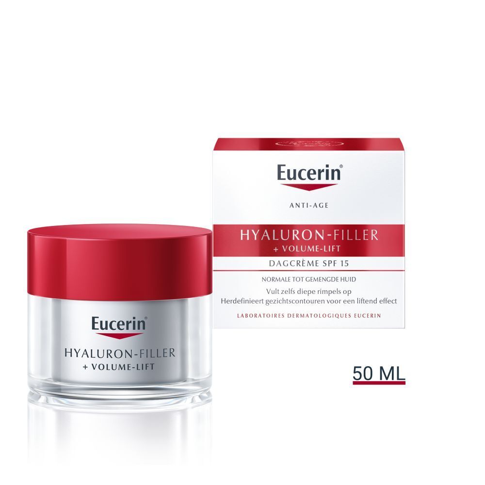 Crèmepot met rode deksel en vouwdoos. Opschrift: Eucerin, HYALURON-FILLER + VOLUME-LIFT. 50 ml.