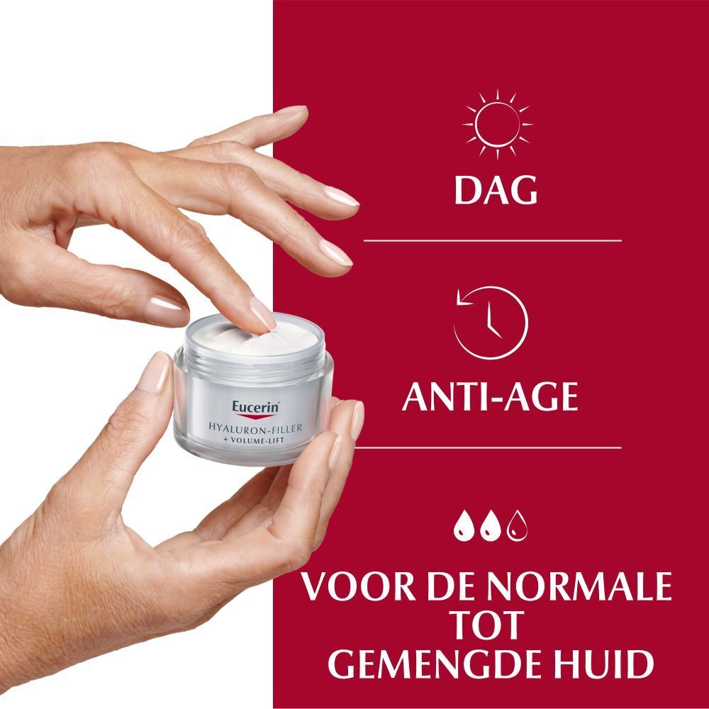 Handen houden een crèmepot vast. Opschrift: Eucerin, HYALURON-FILLER + VOLUME-LIFT. Anti-age.