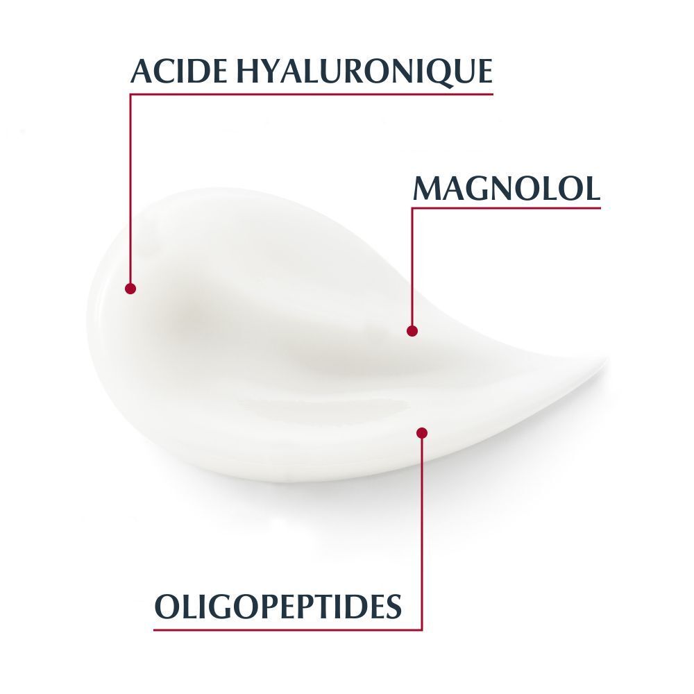Gouttes de crème avec les noms acide hyaluronique, magnolol et oligopeptides.