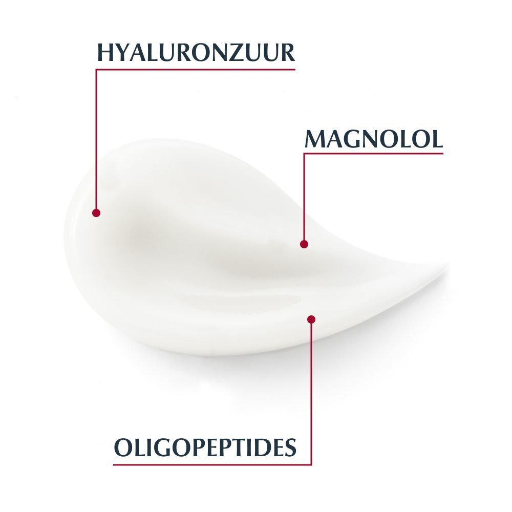 Crèmedruppels met de namen hyaluronzuur, magnolol en oligopeptiden.