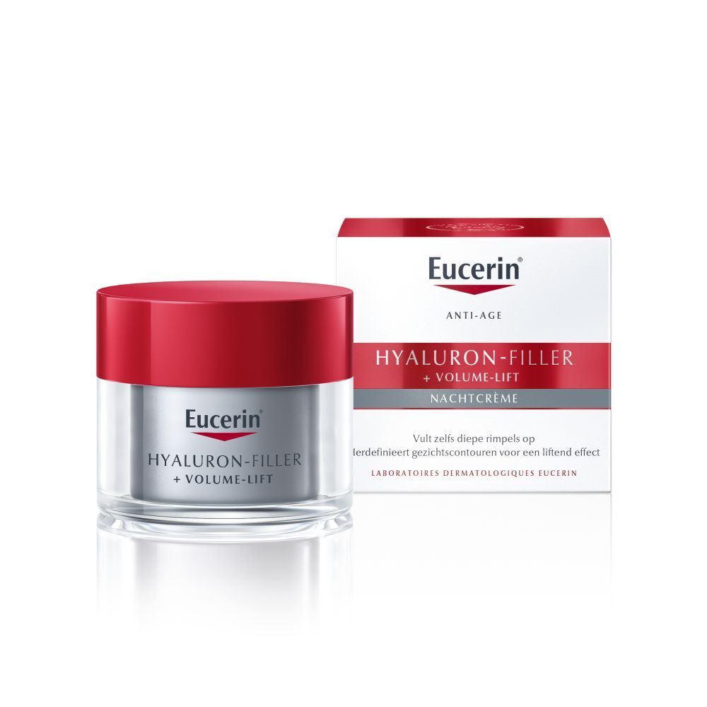 Crèmepot met rode deksel en doos. Opschrift: Eucerin HYALURON-FILLER + VOLUME-LIFT Nachtcrème.